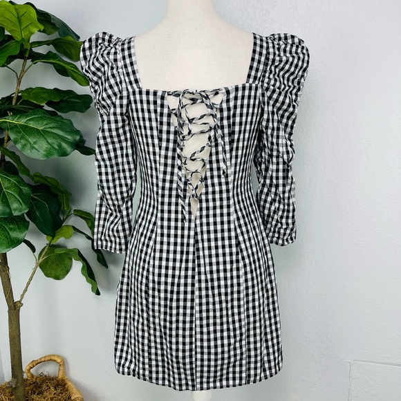 Lovers + Friends Black White Buffalo Plaid Puff Rouch Sleeve Lace up Mini Dress - Picture 3 of 10